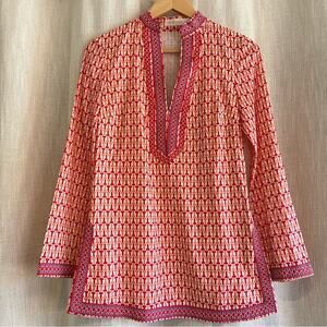 Tory Burch Tunic with Embroidered Trim “T” Print Red Orange Long Sleeve Size 0